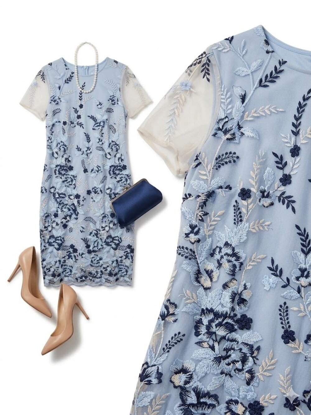 Donna Ricco Blue Embroidered Sheath Dress Illusion Sleeve Floral Mesh Cocktail W